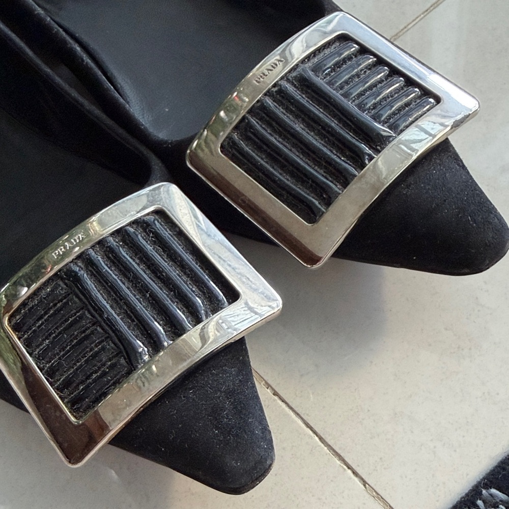 Prada Black Suede Square Buckle Low Heel Pumps - Picture 2 of 6